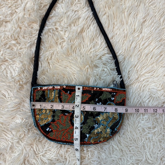 Vintage half moon shoulder bag Cristal embellished fabric with zip black gold - Picture 6 of 7